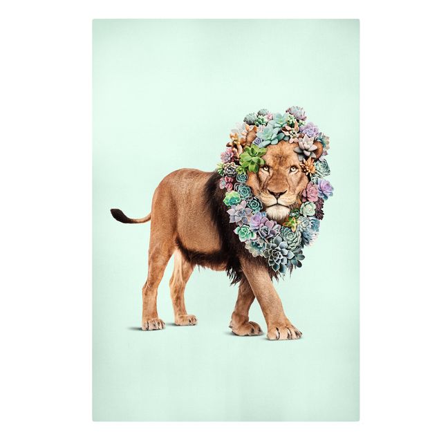 Leinwandbild Kunstdruck Löwe mit Sukkulenten