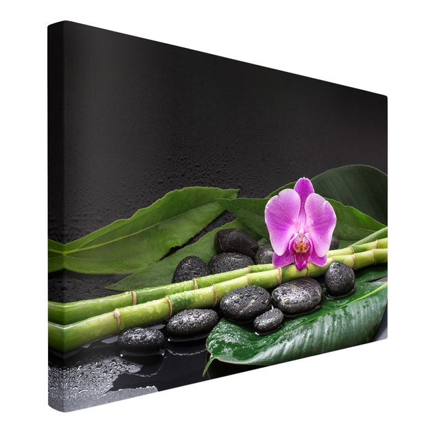 Leinwandbild Kunstdruck Grüner Bambus mit Orchideenblüte