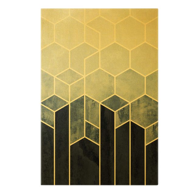 Leinwand Kunstdruck Goldene Geometrie - Sechsecke Blau Weiß
