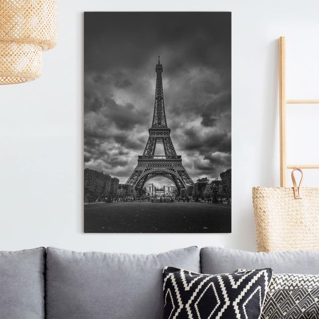 Leinwandbilder XXL Eiffelturm vor Wolken schwarz-weiß