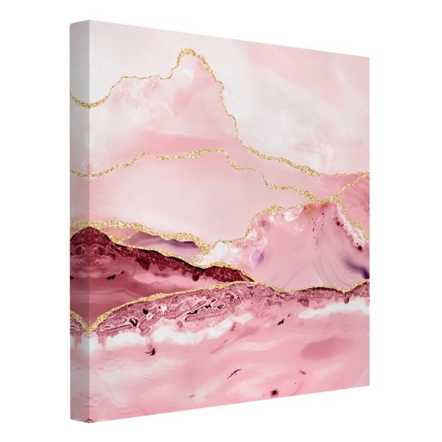 Leinwandbild Kunstdruck Abstrakte Berge Rosa mit Goldenen Linien