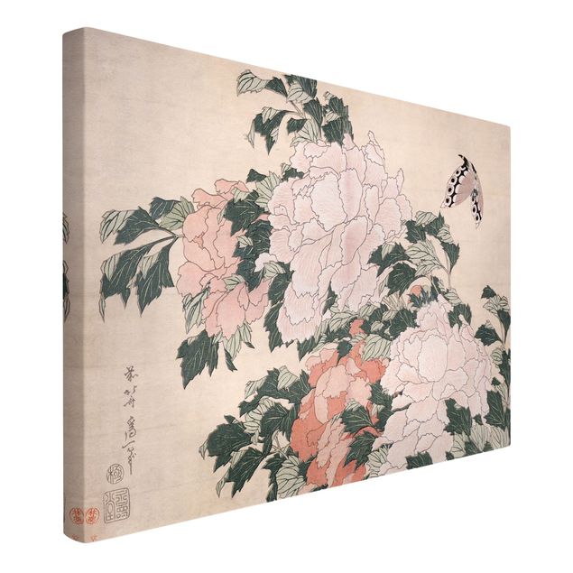 Leinwand Blumen Katsushika Hokusai - Rosa Pfingstrosen mit Schmetterling