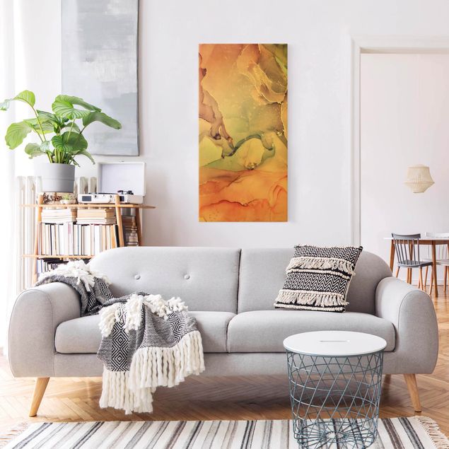 Moderne Leinwandbilder Wohnzimmer Aquarell Pastell Rosa mit Gold