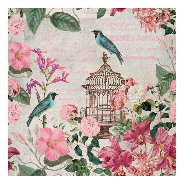 Retro Wandbilder Shabby Chic Collage - Rosa Blüten und blaue Vögel