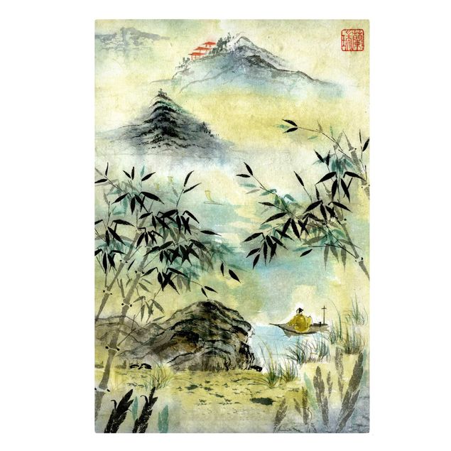 Leinwand Kunstdruck Japanische Aquarell Zeichnung Bambuswald