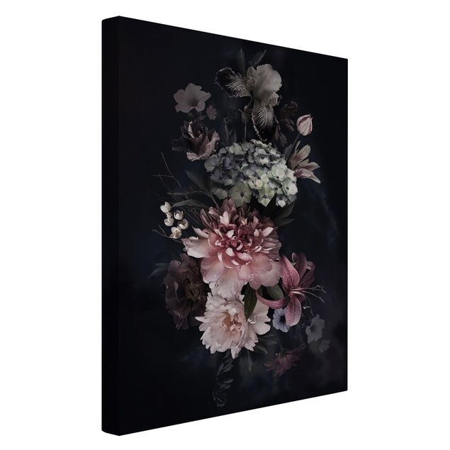 Leinwand Kunstdruck Blumen mit Nebel auf Schwarz