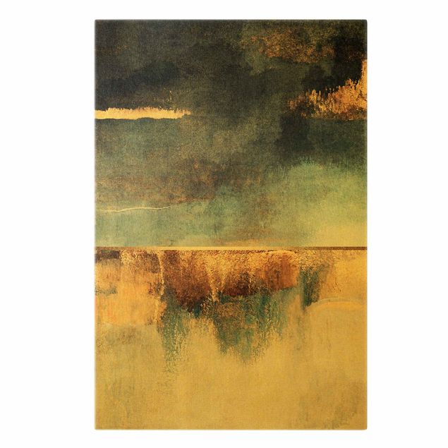 Leinwandbild Kunstdruck Abstraktes Seeufer in Gold
