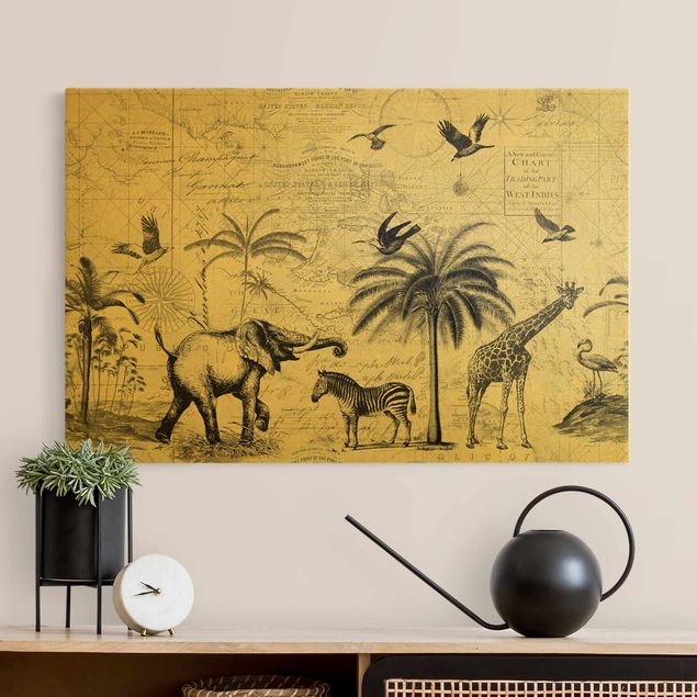 Leinwandbilder Elefanten Vintage Collage - Exotische Landkarte