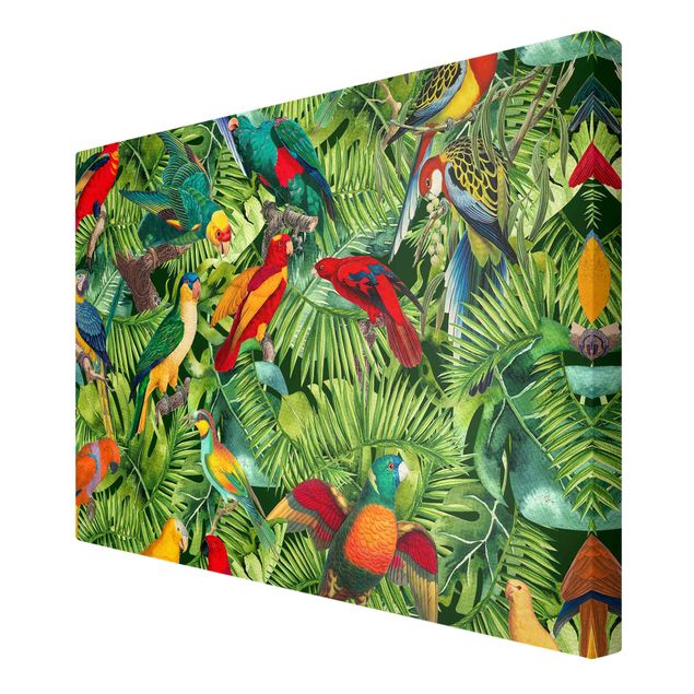 Moderne Leinwandbilder Wohnzimmer Bunte Collage - Papageien im Dschungel