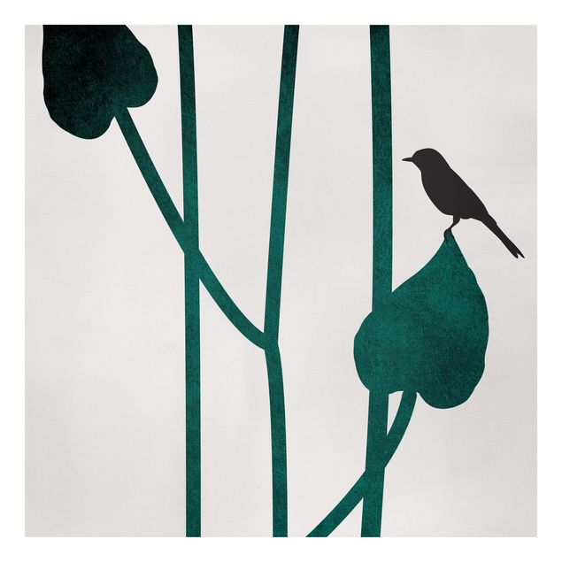 Leinwandbild Kunstdruck Grafische Pflanzenwelt - Vogel auf Blatt