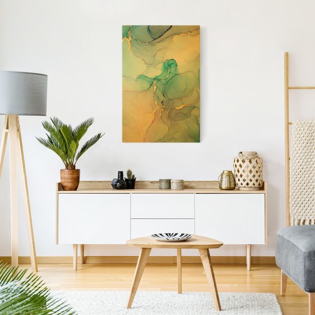Moderne Leinwandbilder Wohnzimmer Aquarell Pastell Türkis mit Gold