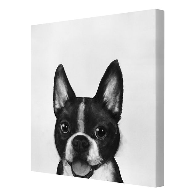 Wandbilder Wohnzimmer modern Illustration Hund Boston Schwarz Weiß Malerei