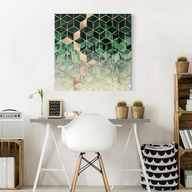 Wandbilder abstrakt Grüne Blätter goldene Geometrie