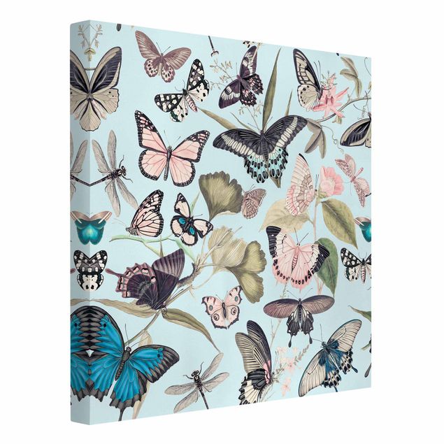 Leinwandbilder Blumen Vintage Collage - Schmetterlinge und Libellen