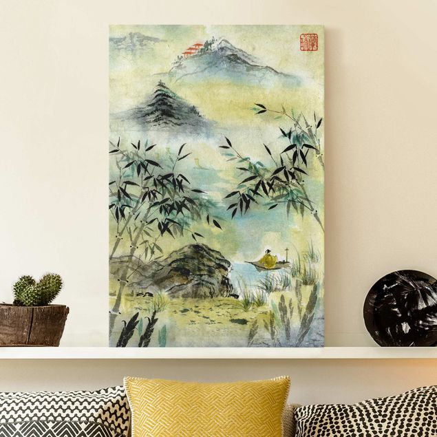 Leinwandbilder XXL Japanische Aquarell Zeichnung Bambuswald