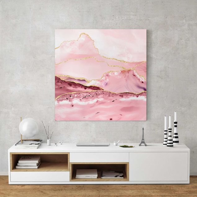 Abstrakte Leinwandbilder Abstrakte Berge Rosa mit Goldenen Linien