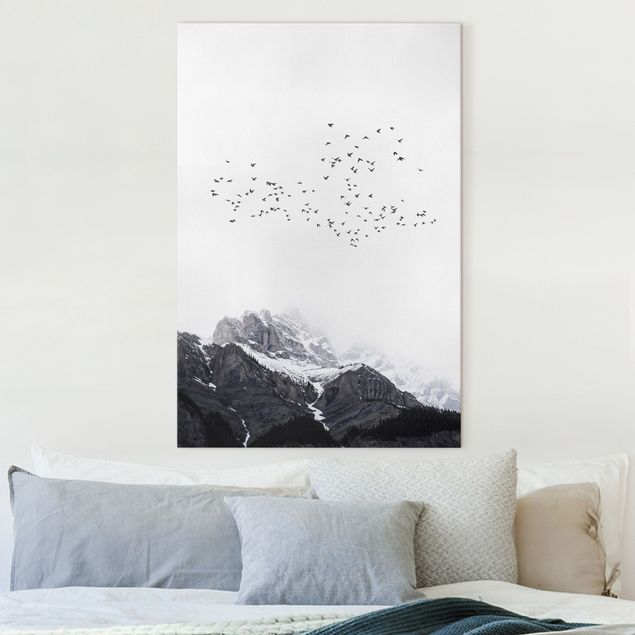 Leinwand Bilder XXL Vogelschwarm vor Bergen Schwarz Weiß