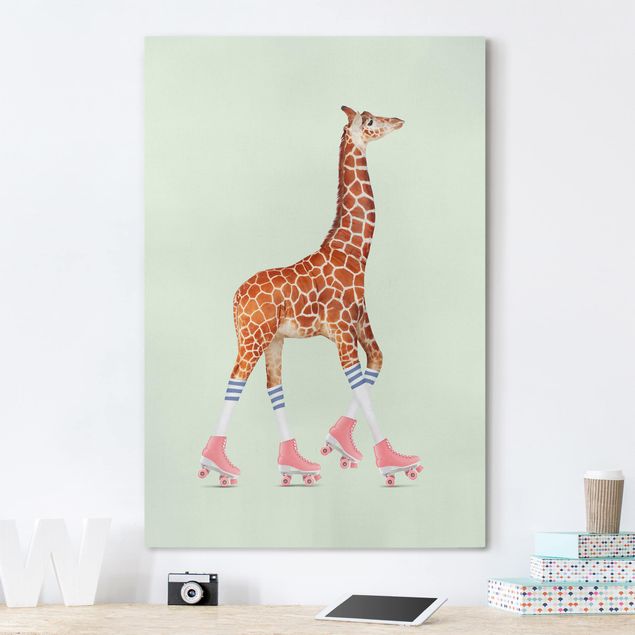 Leinwand Bilder XXL Giraffe mit Rollschuhen