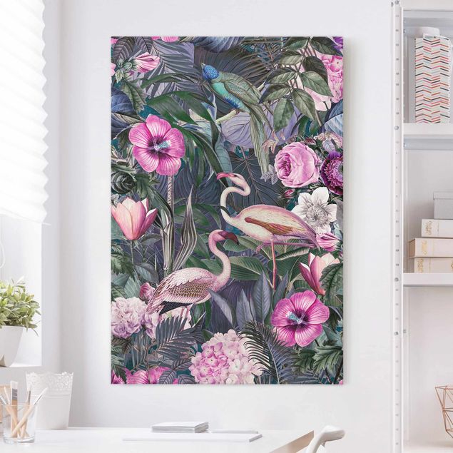 Wandbilder XXL Bunte Collage - Pinke Flamingos im Dschungel