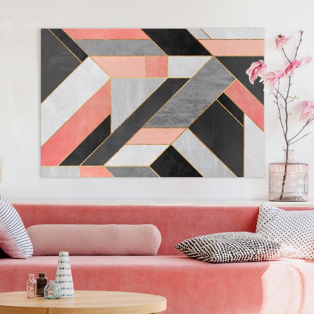 Moderne Leinwandbilder Wohnzimmer Geometrie Rosa und Gold