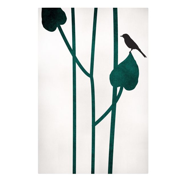 Leinwand Kunstdruck Grafische Pflanzenwelt - Vogel auf Blatt