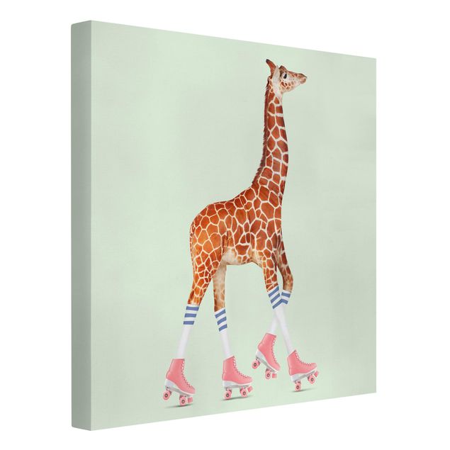 Leinwandbild Kunstdruck Giraffe mit Rollschuhen