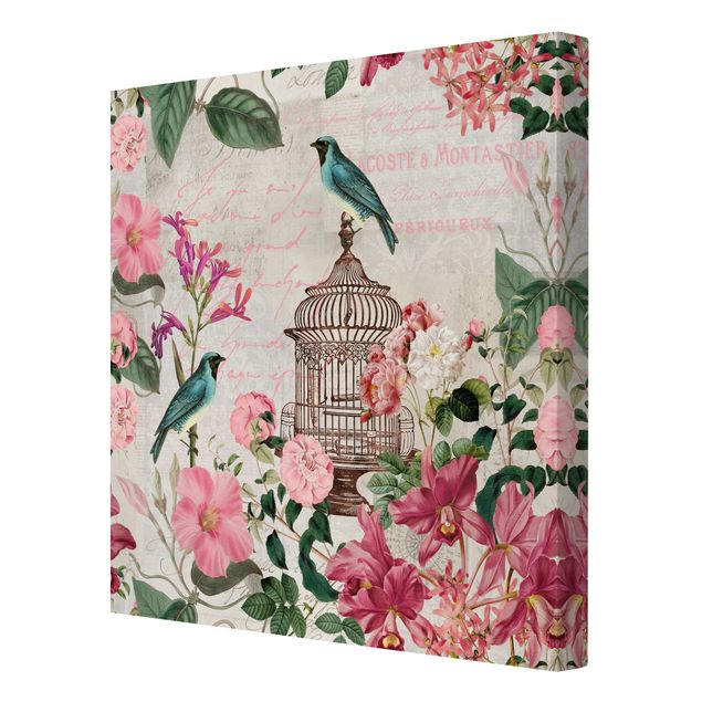 Tierbilder auf Leinwand Shabby Chic Collage - Rosa Blüten und blaue Vögel