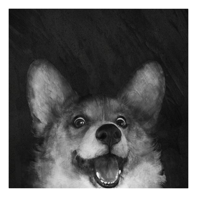 Leinwandbild Kunstdruck Illustration Hund Corgi Malerei Schwarz Weiß