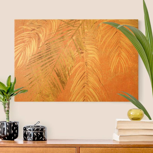 Leinwandbilder Wohnzimmer modern Palmenblätter Rosa und Gold I