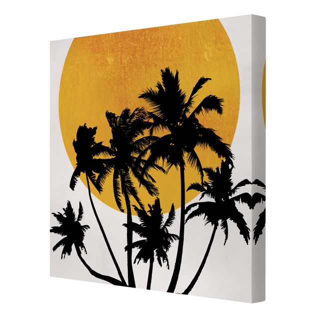 Wandbilder Wohnzimmer modern Palmen vor goldener Sonne