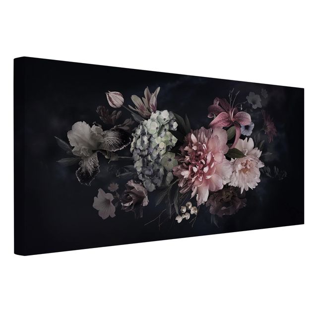 Leinwand Kunstdruck Blumen mit Nebel auf Schwarz