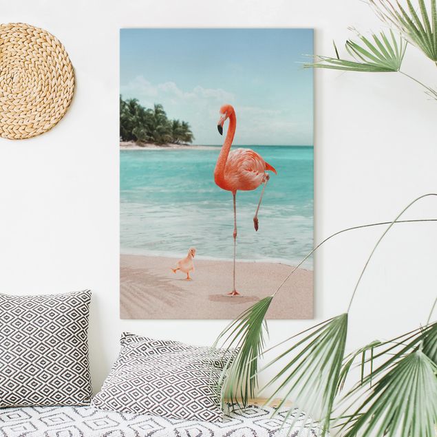 Leinwandbilder XXL Strand mit Flamingo