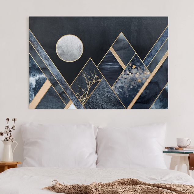 Wandbilder Goldener Mond abstrakte schwarze Berge