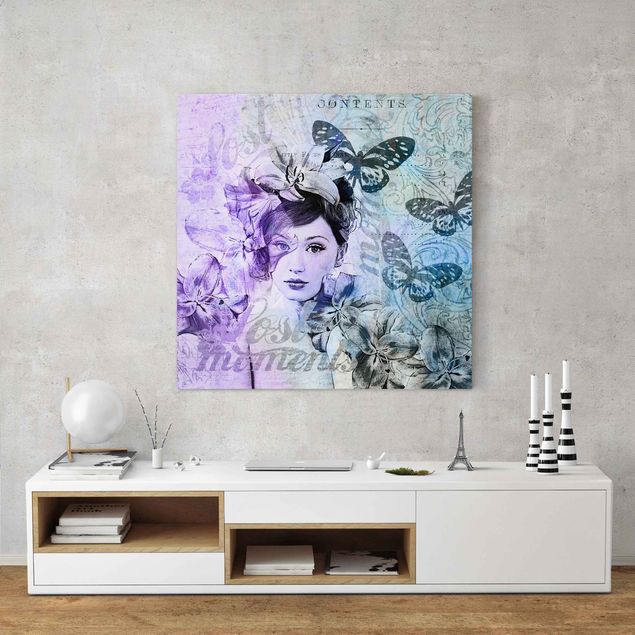 Wandbilder Tiere Shabby Chic Collage - Portrait mit Schmetterlingen