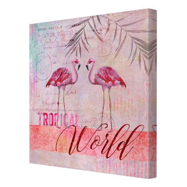 Retro Wandbilder Vintage Collage - Tropical World Flamingos