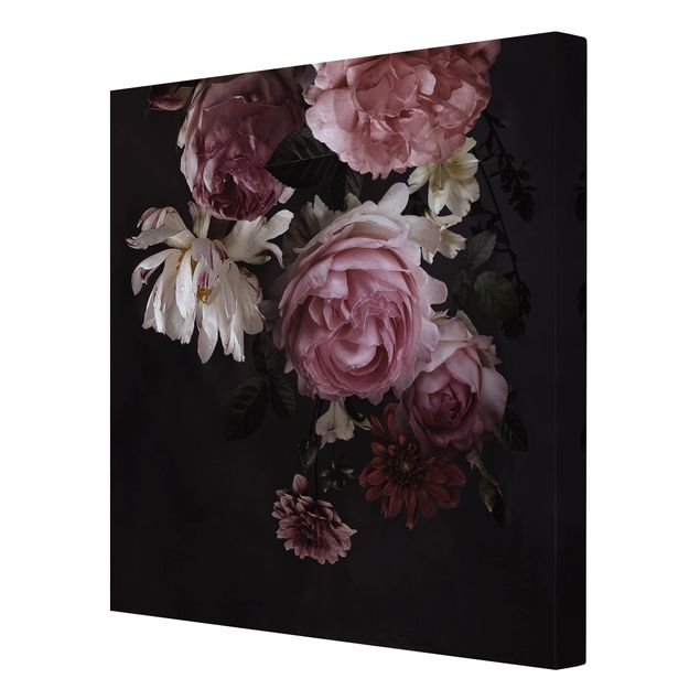 Leinwandbilder Rosa Blumen auf Schwarz
