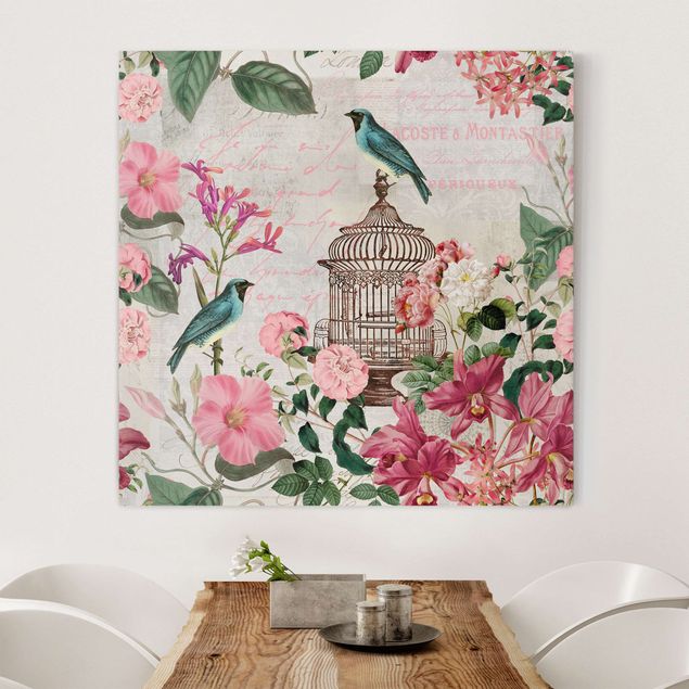 Leinwand Bilder XXL Shabby Chic Collage - Rosa Blüten und blaue Vögel