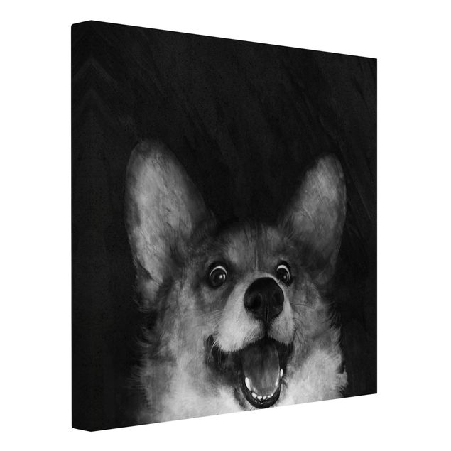 Leinwand Schwarz-Weiß Illustration Hund Corgi Malerei Schwarz Weiß