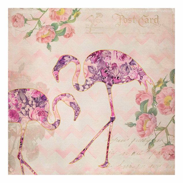 Leinwand Blumen Vintage Collage - Rosa Blüten Flamingos