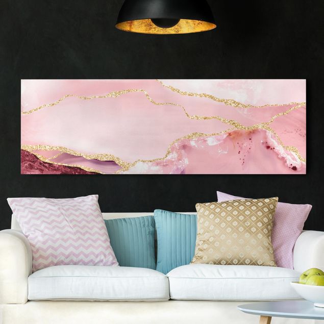 Leinwand Bilder XXL Abstrakte Berge Rosa mit Goldenen Linien