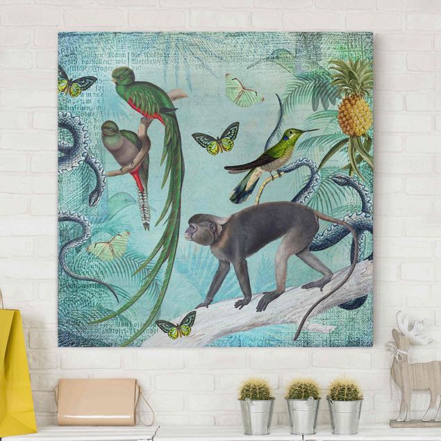 Wandbilder XXL Colonial Style Collage - Äffchen und Paradiesvögel