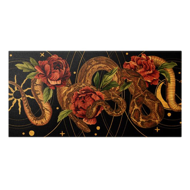 Wandbilder Wohnzimmer modern Schlangen mit Rosen vor Schwarz und Gold I