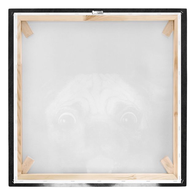Moderne Leinwandbilder Wohnzimmer Illustration Hund Mops Malerei auf Schwarz Weiß
