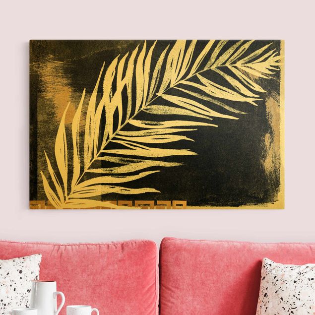 Leinwandbilder Wohnzimmer modern Palmenblatt auf Schwarz und Gold