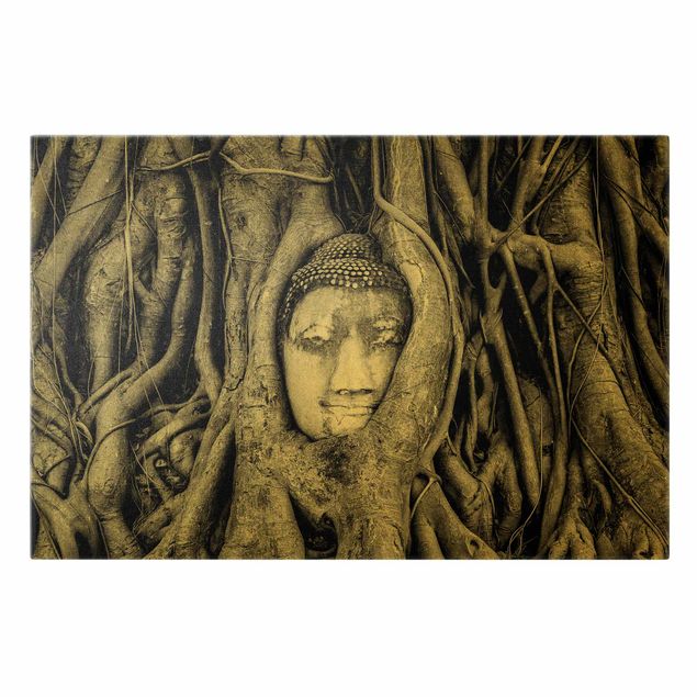 Leinwandbilder Buddha in Ayuttaya von Baumwurzeln gesäumt in Schwarzweiß