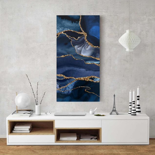 Abstrakte Leinwandbilder Goldene Glitzer Wellen vor Blau