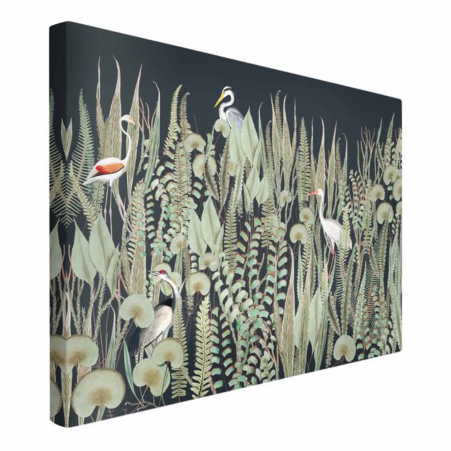 Wandbilder Blumen Flamingo und Storch mit Pflanzen auf Grün