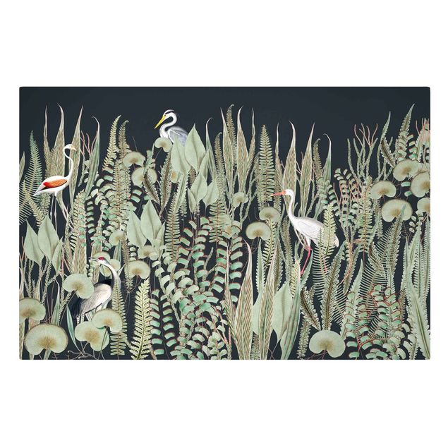 Retro Wandbilder Flamingo und Storch mit Pflanzen auf Grün