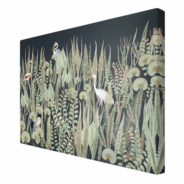 Tierbilder auf Leinwand Flamingo und Storch mit Pflanzen auf Grün
