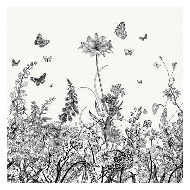 Design Tapete Große Blumen mit Schmetterlingen in Schwarz